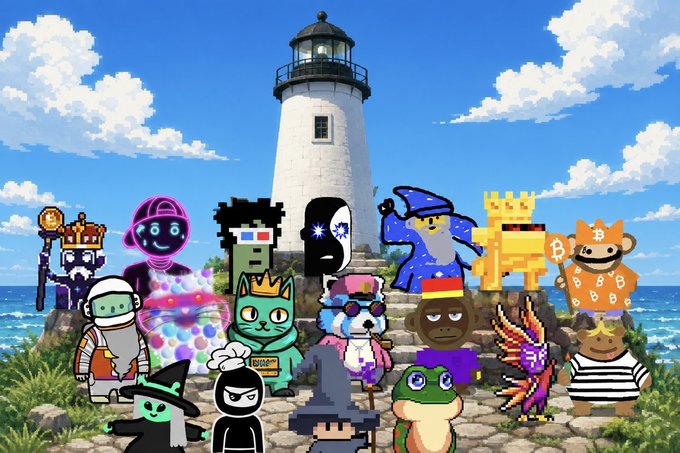 A group of whimsical pixel-art and cartoon NFT characters—including a crowned skeleton, a wizard, a frog, a llama, and various creatures—are gathered together in front of a white lighthouse by the sea, fitting the post's "GM" greeting aimed at the Ordinals crypto community.