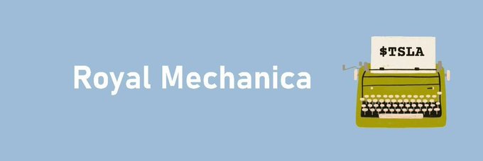 A graphic with a blue-gray background featuring the text 'Royal Mechanica' next to an illustration of a green typewriter with a paper labeled '$TSLA' inserted into it.