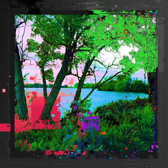 A glitch art style digital image of a nature scene with trees and a lake, featuring pixelated distortions in pink, purple, and green over a black background.