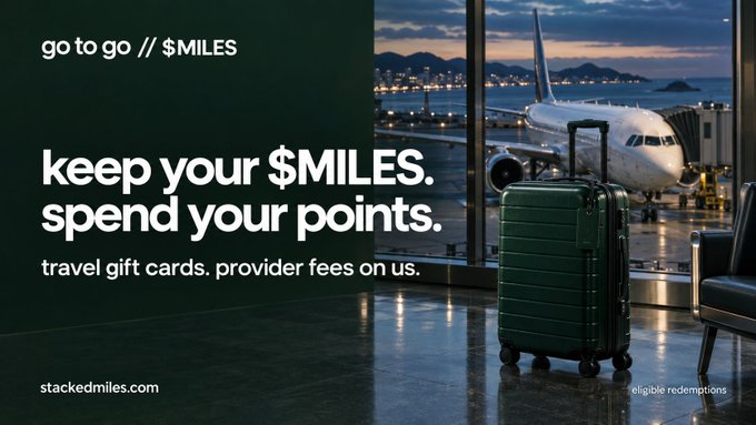 A luggage sits by an airport gate alongside an airplane with the text "go to go // $MILES – keep your $MILES. spend your points. travel gift cards. provider fees on us." The image complements the post by visually conveying the travel-ready message of redeeming points without losing miles or paying provider fees, as advertised at stackedmiles.com.