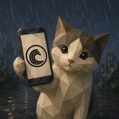 A low-poly cat holds up a smartphone displaying a circular "C" logo in the rain, symbolizing how BitTorrent Chain (BTTC) brings a simple, unified interface to multichain activity—so users can interact across networks without needing to think about the underlying complexity.