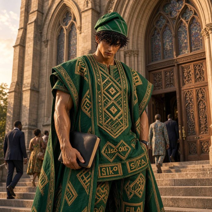 A man stands confidently in front of a Gothic cathedral wearing an ornate green and gold embroidered robe and matching hat, holding a dark book. Visible text on his garment includes "JSO OKE," "SILK," and "SIKA," complementing the post's cheerful "GM and happy Sunday" greeting with a regal, Sunday-best cultural celebration.