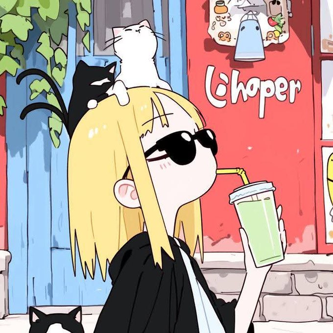An anime-style illustration of a girl with black sunglasses drinking a green beverage, accompanied by a white cat and a black cat resting on her head.