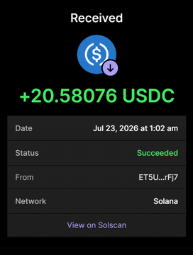 A screenshot of a successful Solana transaction showing +20.58076 USDC received from ET5U...rfj7 on Jul 23, 2026, serving as payment proof for the purchase of 2.6+ million $BIGBULL tokens.
