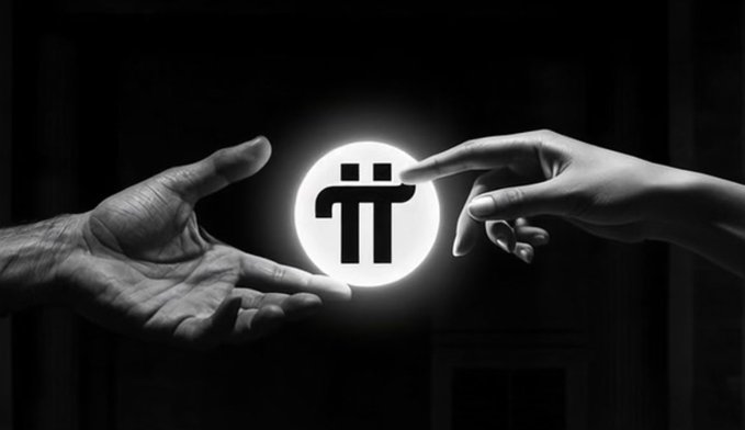 Black and white conceptual image of two hands reaching toward a glowing Pi (π) cryptocurrency logo in the center.