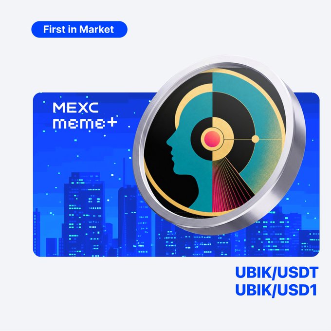 The graphic announces MEXC Meme+ listing for $UBIK on the UBIK/USDT and UBIK/USD1 trading pairs, featuring a "First in Market" badge and a stylized coin with a profile silhouette and target design against a blue cityscape backdrop.