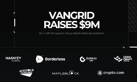 A black promotional graphic reads “VANGRID RAISES $9M” and “Built with the support of our stakeholders and partners,” with logos including HashKey Capital, Borderless, Gate.io Labs, Code Quantum Craft, Animoca Brands, MapleBlock, and crypto.com.