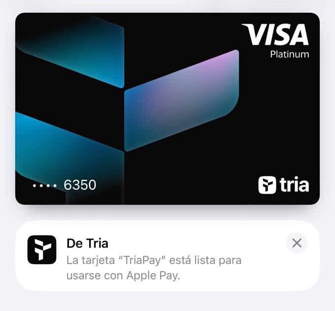 A Tria Visa Platinum card ending in 6350 is shown in a digital wallet, with an Apple Pay notification confirming the "TriaPay" card is ready for use, aligning with the user's excitement about receiving their new Tria card.