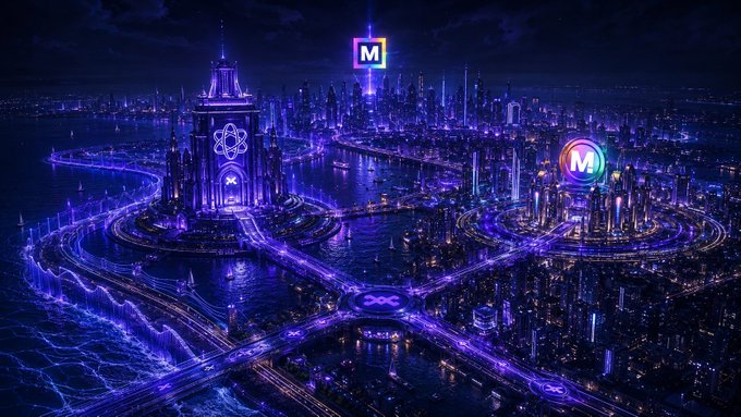 A futuristic neon-lit cityscape at night glows in vivid blues and purples, featuring prominent "$M" logos, atomic symbols, and infinity motifs illuminating skyscrapers and bridges along a coastal skyline. The image visually echoes the post's message of interconnected momentum — $METAL, $LOAN, and $XPR forming the "shoreline" of an emerging wave, with the glowing "M" symbol serving as the unifying emblem of this organized financial frontier.