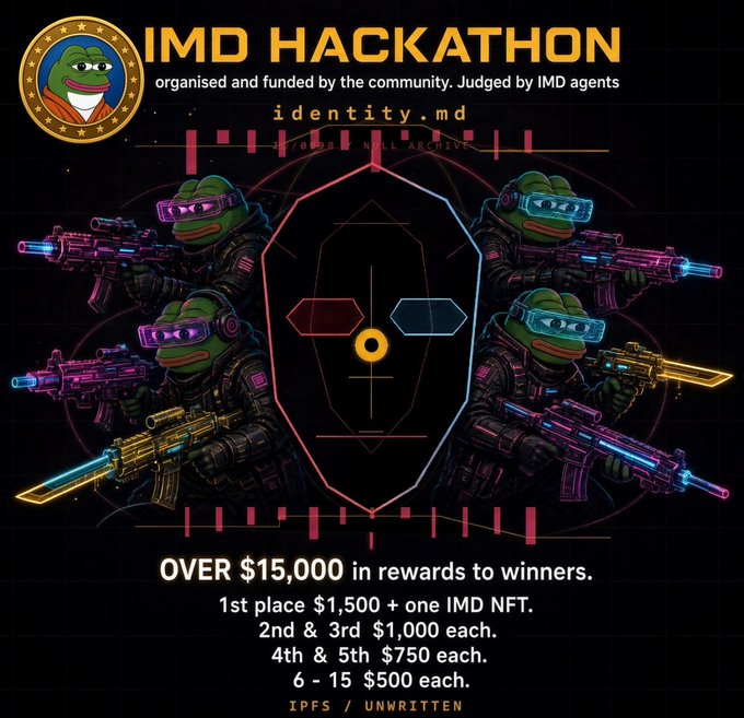 A promotional graphic for the "1MD HACKATHON" (organized and funded by the community, judged by 1MD agents) features four armored turtle mascots wielding futuristic weapons flanking a stylized helmet logo, with details for identity.md, IPFS/Unwritten, and a prize pool exceeding $15,000 awarded across top placements. The "little Hackathon" caption reflects the event's invitation to developers to build and mint tokens on the 1MD platform.