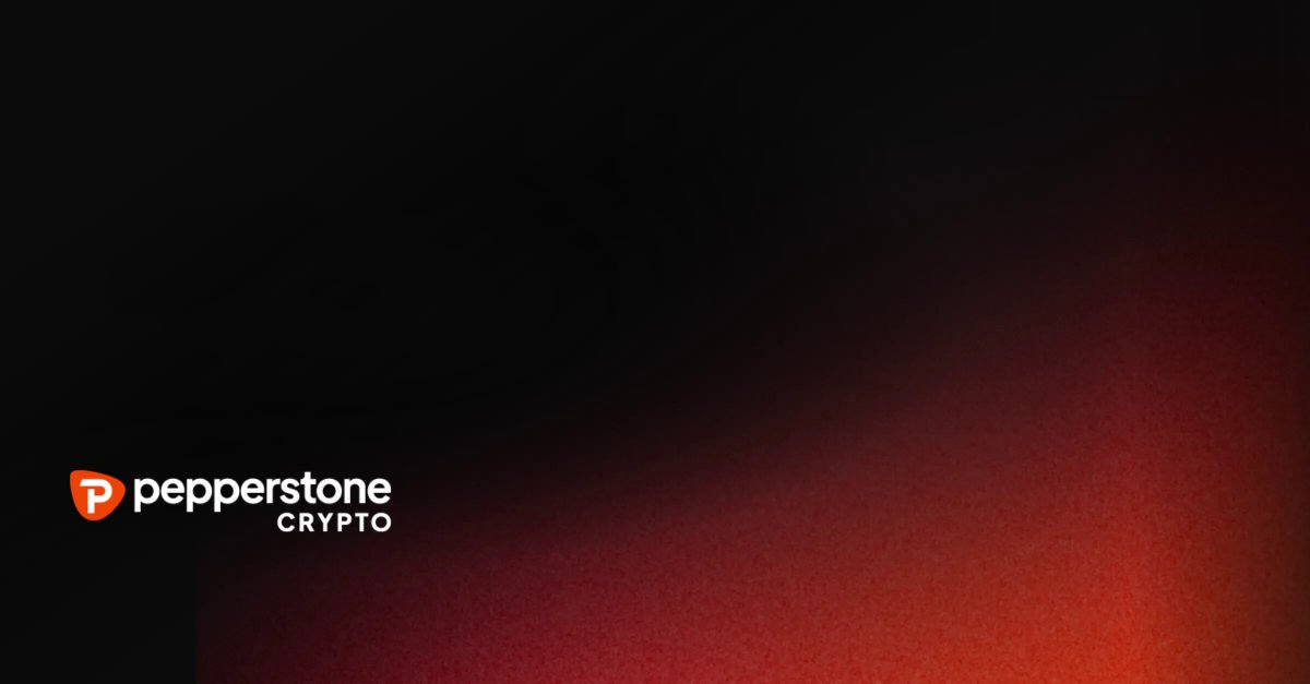 The image features a red background with black text that reads "Pepperstone Crypto" at the top of the frame, followed by an explanation about the ALGO (Algorand) blockchain. The ALGO is described as a scalable, secure, and decentralised Layer-1 blockchain using Pure Proof-of-Stake consensus, which can be used for real-world asset tokenisation and dApps.