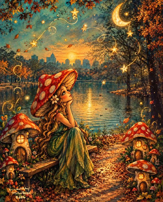 A whimsical digital illustration depicting a girl wearing a red mushroom-cap hat beside a lake surrounded by autumn trees, mushrooms with doors, glowing stars, and a crescent moon.