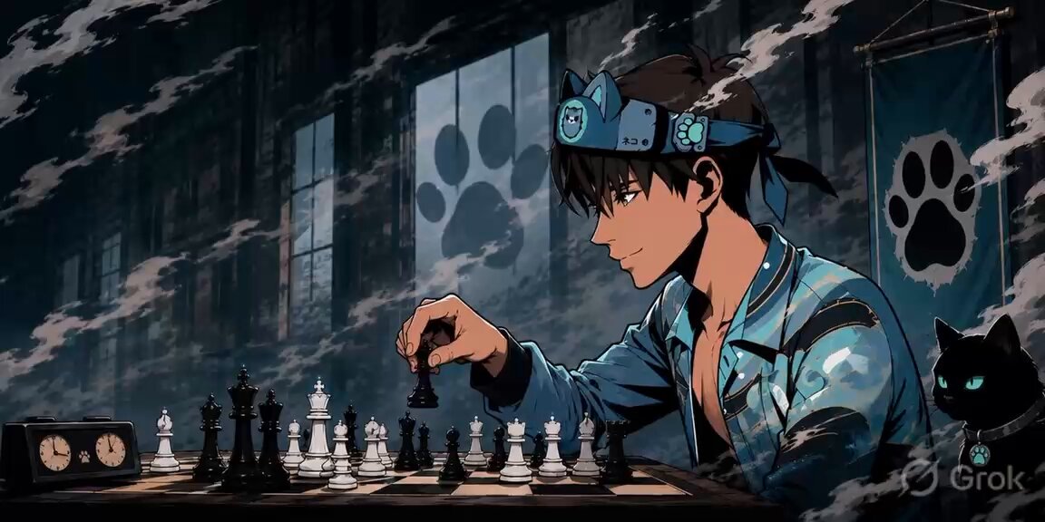 The image depicts an adult male wearing a blue shirt, putting a chess piece on the board while playing a game of chess against a cat. The cat is sitting next to him as they both focus on the game. A clock can be seen in the background indicating that this might be a game between adults who are older rather than young children or teenagers. The post also mentions a tournament called "The wait is finally over and @AnichessGame tournament is finally live" which is about Magnus Carlsen playing against two other players (A1M $CHECK prize pool and FIDE involvement), as well as prizes available such as a 1M $CHECK prize pool and an additional prize of FIDE involvement. The image seems to focus on the theme of chess between humans and cats, showcasing both gaming interests and a sense of humor in this scenario.