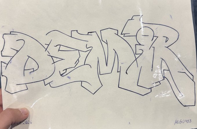 A piece of paper or canvas shows a graffiti-style drawing with bubble letters in black ink, with some text reading 'ART BURN' and 'M061483' in the corners.
