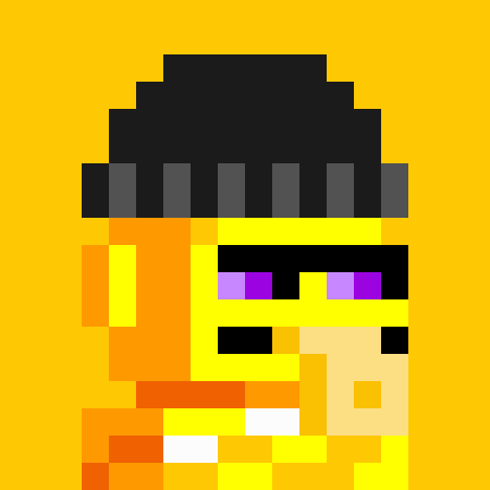 A pixel art avatar featuring a gold-bodied character with a dark dash hat, violet eyes, and a ticket-shaped mouth, set against a yellow background, representing the "Shielded #1865" NFT from ZecBit's generator.
