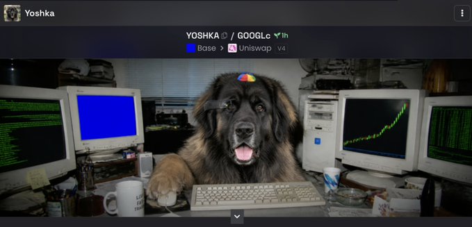 A large fluffy dog wearing a colorful party hat sits at a cluttered desk with multiple vintage CRT monitors displaying charts and code, typing on a keyboard with a mischievous grin. The header shows "Yoshka" with location tags "Base" and "Uniswap v4," jokingly suggesting the dog is behind the Uniswap v4 launch.