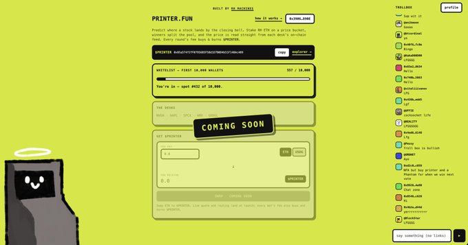 A screenshot of the printer.fun website, a meme coin launch platform, showing the 'PRINTER' token being bought and a 'COMING SOON' announcement for the wallpaper NFT drop.