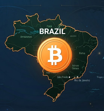 A glowing orange Bitcoin coin is centered over a stylized map of Brazil, highlighting key regions like Pará, Amazonas, Bahia, Minas Gerais, São Paulo, and Rio de Janeiro, visually reinforcing the post's news about OranjeBTC—Latin America's largest Bitcoin treasury company—holding 3,950 BTC (~$255M) at a $64,300 average cost basis amid growing corporate accumulation.