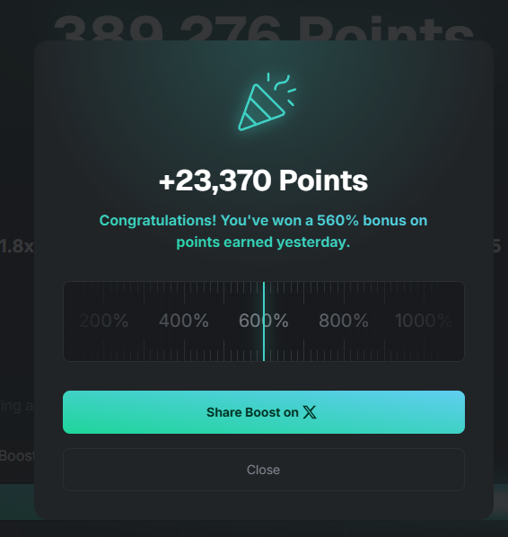 The image shows a screenshot of a Binance trading app that displays a congratulatory message for winning a certain number of points or coins. The app also provides instructions on how to share the boost with others, as indicated by an x symbol next to the congratulatory message. The background color is dark green, and there are numbers displayed in white text above the congratulatory message.