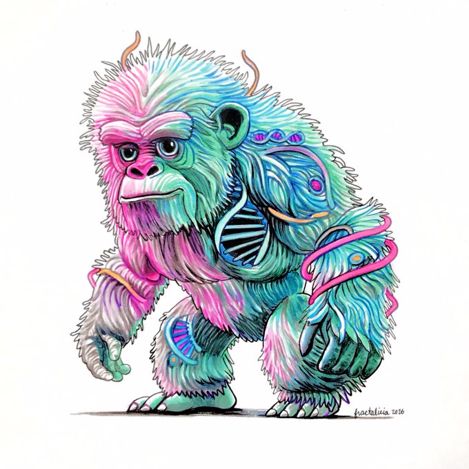A vibrant, colorful illustration of a gorilla with pink, blue, and green fur, featuring tentacle-like elements and a bio-mechanical shoulder, signed "fractalice '26".