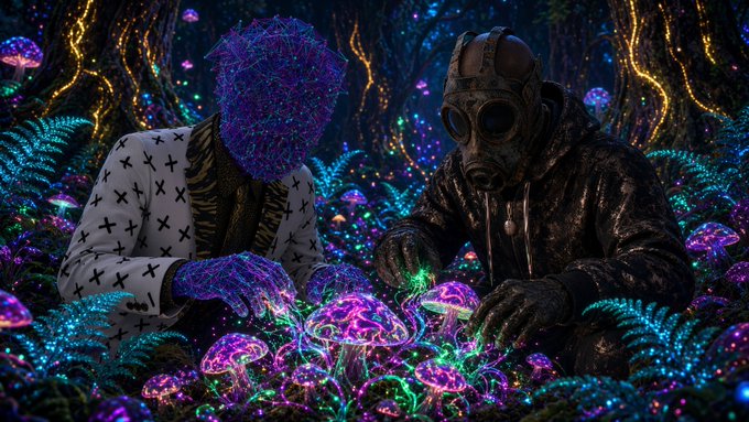 Vibrant digital artwork showing two figures — one with a crystalline purple geometric head and the other in a gas mask and hoodie — tending to glowing bioluminescent mushrooms in a neon-lit fantasy forest.
