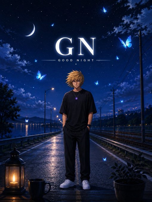 An anime-style illustration of a blonde-haired character in a black outfit standing on a wet road at night under a crescent moon, with 'GN GOOD NIGHT' text displayed above amid glowing blue butterflies.