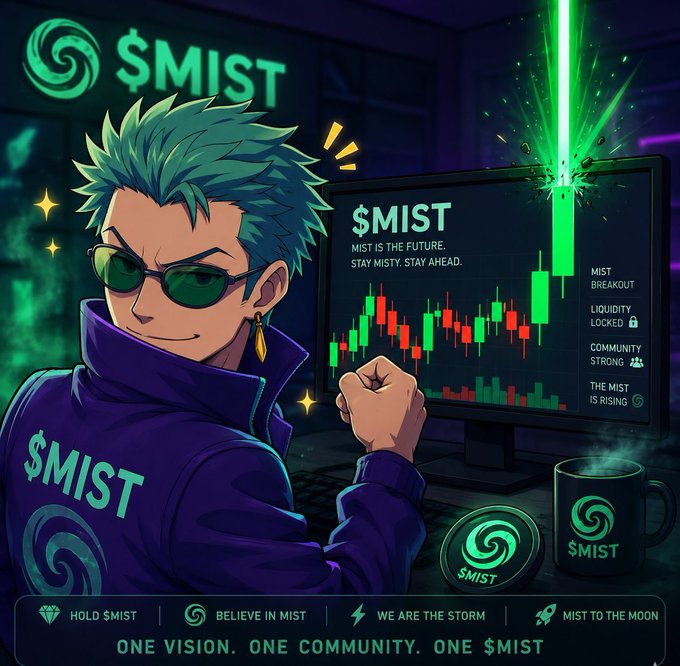 An anime-style promotional image featuring a teal-haired character wearing sunglasses and a $MIST jacket, with a chart showing a green breakout candle alongside text like 'MIST BREAKOUT', 'LIQUIDITY LOCKED', 'COMMUNITY STRONG', and the slogan 'ONE VISION. ONE COMMUNITY. ONE $MIST'.