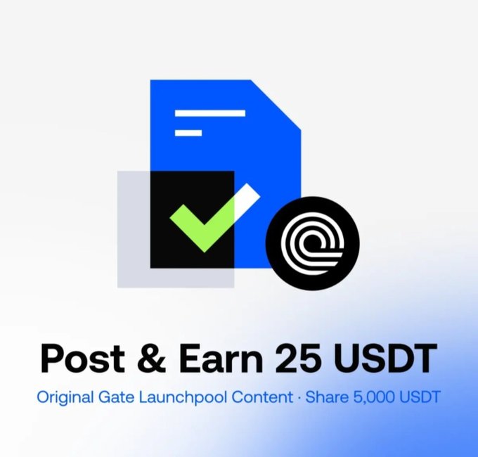 The image is a promotional graphic for Gate Launchpool, featuring a blue document icon, green checkmark, and black circular logo, with the bold text "Post & Earn 25 USDT" and a subtitle reading "Original Gate Launchpool Content · Share 5,000 USDT." It visually supports the accompanying post by highlighting the opportunity to earn rewards—including $BLKHION through USDT staking in the Gate × Ondo Launchpool—by sharing original content about the campaign.