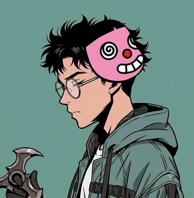 Image 7: An anime-style digital illustration depicts a young man in profile wearing round glasses and a green jacket, holding a crescent-shaped weapon, and sporting a pink half-mask with spirals and a wide grin over his left eye.