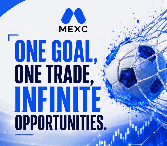 MEXC advertisement with a soccer ball breaking through a net, reading 'One Goal, One Trade, Infinite Opportunities.'