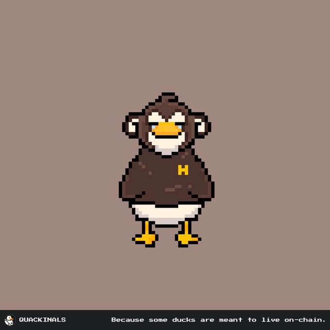 A pixel art illustration of a brown duck character wearing an 'H' shirt on a dusty pink background, with 'QUACKINALS' branding and the tagline 'Because some ducks are meant to live on-chain.'