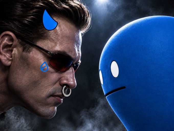 A cinematic still of Wolverine (Hugh Jackman) with blue painted symbols on his face confronting a large blue robot character.