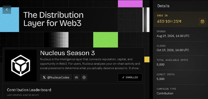 A promotional webpage for 'Nucleus Season 3' titled 'The Distribution Layer for Web3', showing details like an end date of '45D 10H 21M', an open date of 'Aug 19, 2026', and 5,000 available spots.