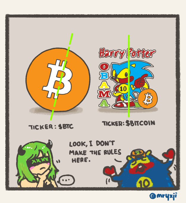 A cartoon comic explaining Bitcoin tickers, showing $BTC for Bitcoin and $BITCOIN for HarryPotterObamaSonic10Inu, with characters saying 'Look, I don't make the rules here.'