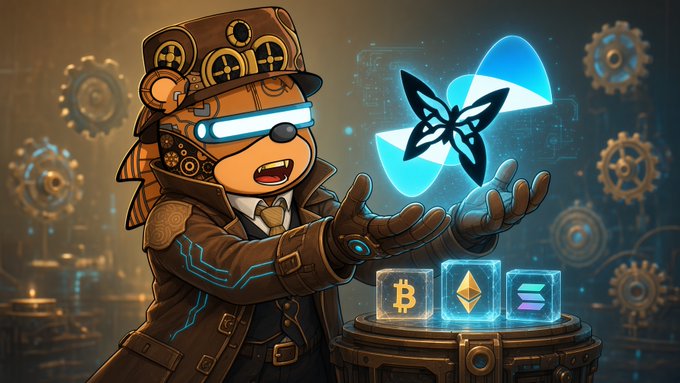 A steampunk-style cartoon character wearing a top hat and glowing goggles holds a glowing blue butterfly-like hologram above holographic crypto tokens (Bitcoin, Ethereum, and Solana) in a gear-filled workshop.