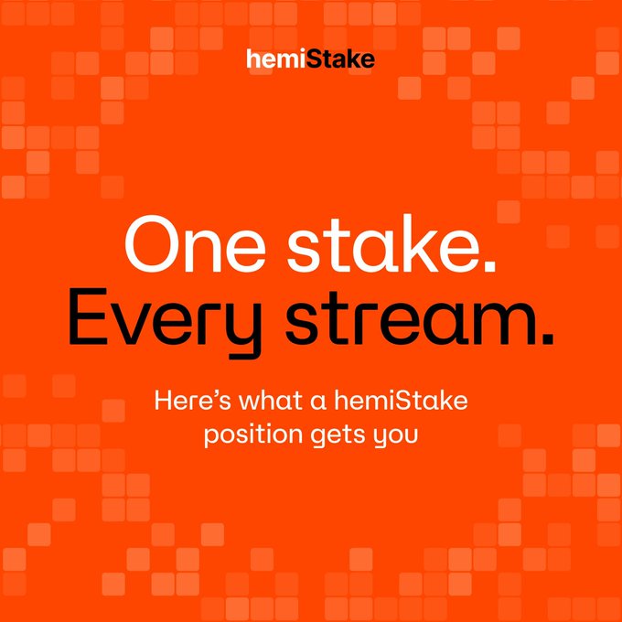 An orange promotional graphic for "hemiStake" displays the headline "One stake. Every stream." with the subtext "Here's what a hemiStake position gets you" against a pixelated background.