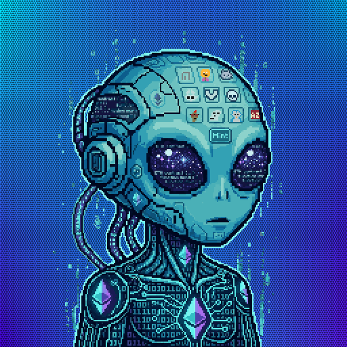 A cybernetic android with starry cosmic eyes and pixelated app icons on its forehead, with a "Mine" button visible among the icons, is rendered in blue pixel art against a glitching background, visually echoing the "VOIDS" caption through the empty, glitched digital aesthetic. The android's ethereal gaze and fragmented surroundings suggest a sentient being trapped within or emerging from a digital void.