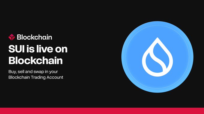 A promotional graphic with the Blockchain.com logo announcing 'SUI is live on Blockchain' alongside the blue SUI token logo.