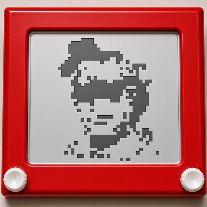 A red Etch A Sketch toy displays a pixelated, low-resolution grayscale portrait of a bearded man's face on its gray drawing screen.