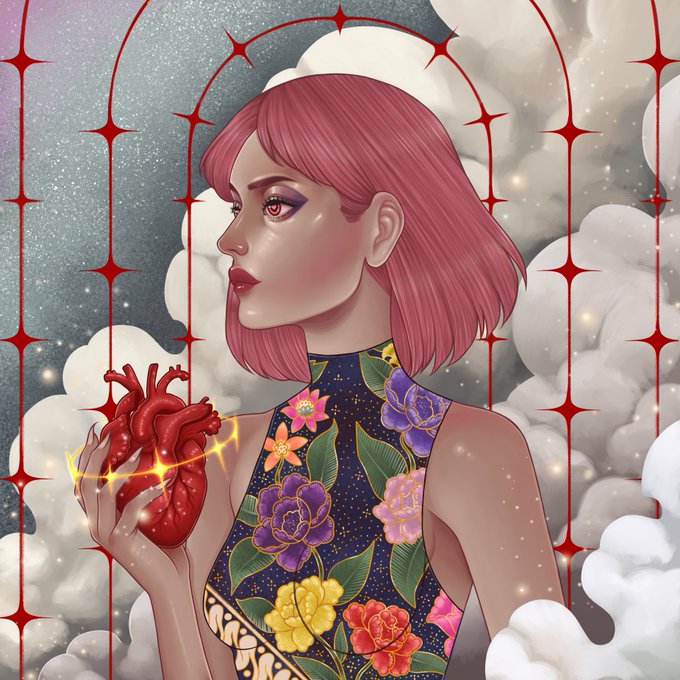 The image features a woman with pink hair, wearing a dress that has flowers printed on it. She holds a red heart over her head as she looks up at the sky. The background of the image consists of clouds and stars, creating an artistic and dreamy atmosphere. The caption to the image reads "Still available on @objktcom Velvet Pulse 3/5 eds - 36xtz objkt.com/tokens/KT1TpTZ".