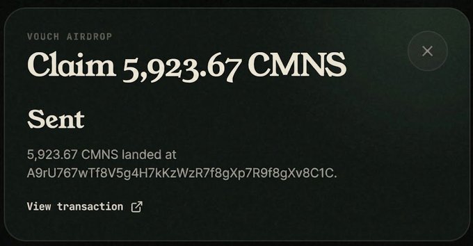 A dark digital interface notification for a 'VOUCH AIRDROP' showing 'Claim 5,923.67 CMNS' with a status of 'Sent' and a transaction link.