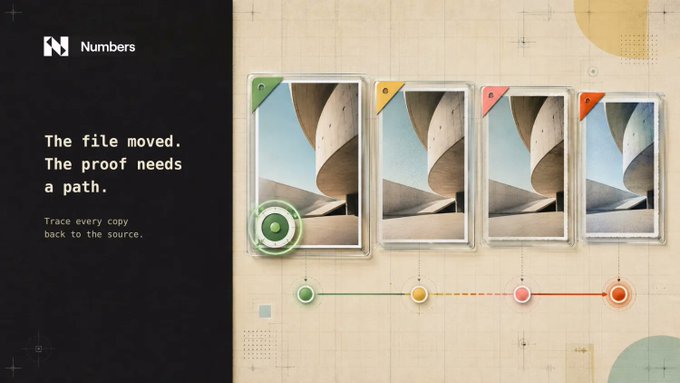 A promotional graphic for the 'Numbers' protocol features the text 'The file moved. The proof needs a path. Trace every copy back to the source.' alongside an illustration of file cards linked by a timeline.