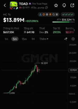 A cryptocurrency tracking chart for "TOAD The Toad Pepe" showing a market cap of $13.89M with a massive 557.09K% gain, displayed with a green upward-trending candlestick chart over a 5-minute interval.