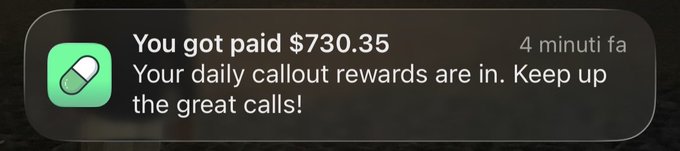 A smartphone notification from a platform shows "You got paid $730.35" with the message "Your daily callout rewards are in. Keep up the great calls!" The notification supports the post's claim about earning $730 from just three quality callouts that day, illustrating the poster's point about the earning potential from sharing conviction picks.
