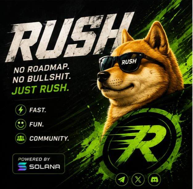 A promotional graphic for 'RUSH' featuring a Shiba Inu dog wearing sunglasses, with text reading 'NO ROADMAP. NO BULLSHIT. JUST RUSH.' and 'POWERED BY SOLANA'.