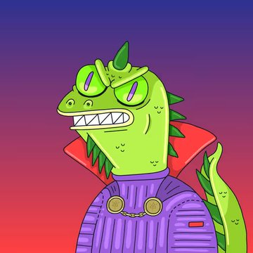 A cartoon illustration of a green reptilian character with sharp teeth wearing a purple vest against a purple-to-orange gradient background.