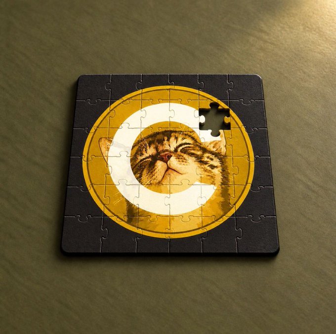 A small jigsaw puzzle on a tabletop shows a smiling tabby cat inside a yellow-and-white circular design, with one piece missing. The post jokes that viewers “missed doge” and encourages them not to miss “CATE,” playfully swapping the cat for the Doge theme.