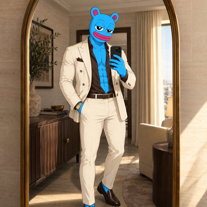 A blue cartoon bear mascot wearing a white double-breasted suit takes a mirror selfie with a smartphone in an upscale interior.