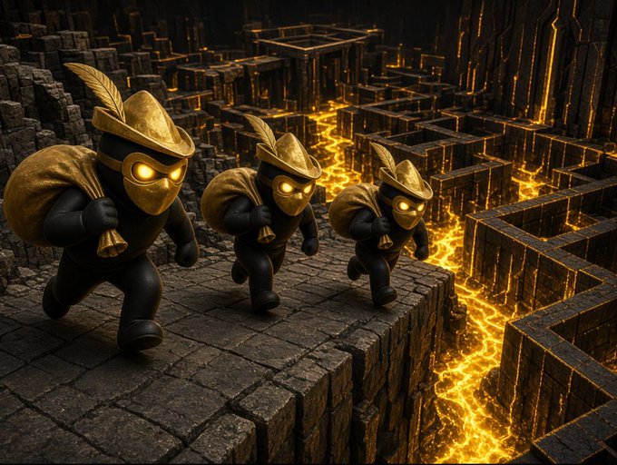 Three black ninja characters wearing golden feathered hats and masks carry sacks through a stone maze filled with glowing molten lava.