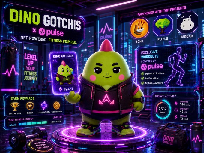 The image features a green dinosaur character wearing a black jacket and holding a small figurine. The dinosaur is standing on a platform surrounded by various fitness-related items, including dumbbells and a yoga mat. In the background, there are logos for Pulse and NFT, suggesting that this scene might be related to an advertisement or promotional campaign for a fitness-focused product or service.
